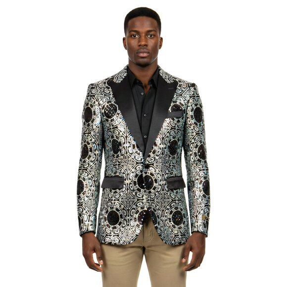 Empire™ Pearlescent Sequin Blazer Geometric Peak Lapel Hybrid-Fit, 4XL Only - Picture 1 of 5